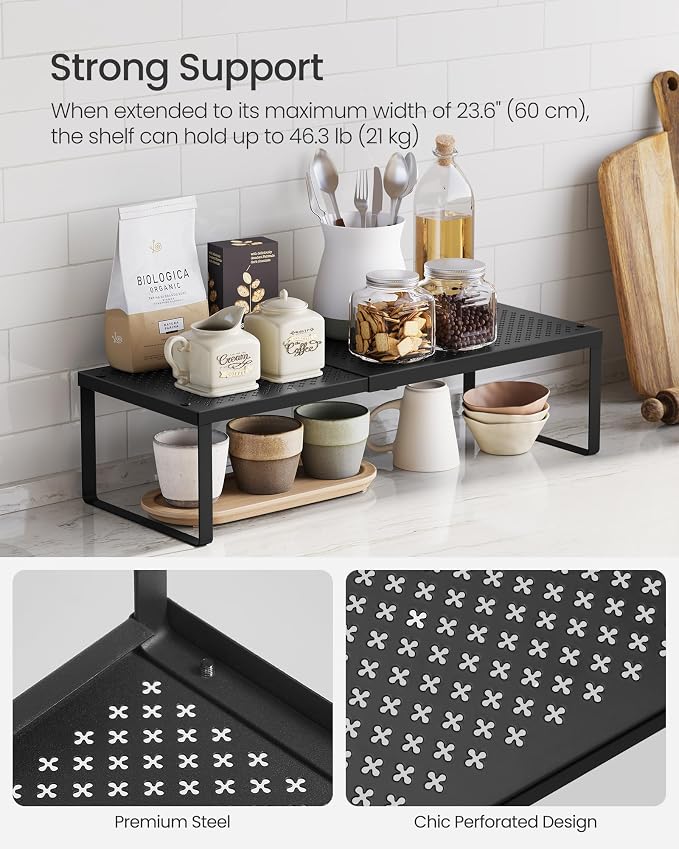 SONGMICS Spice Rack, Expandable Kitchen Countertop Shelf, Steel | Small Cupboard Organizer, Space-Saving, Tabletop, Matte Black, BEQUE Collection UKCS402B01 - Image 4