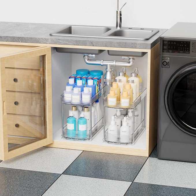 4 Pack Large Pull Out Bathroom Organizers and Storage,2 Tier 12.8″ Tall Sliding Kitchen Under Sink Organizer for Cleaning Products Storage,Acrylic Clear Bathroom inder Sink Organizer,Undersink Storage - Image 8
