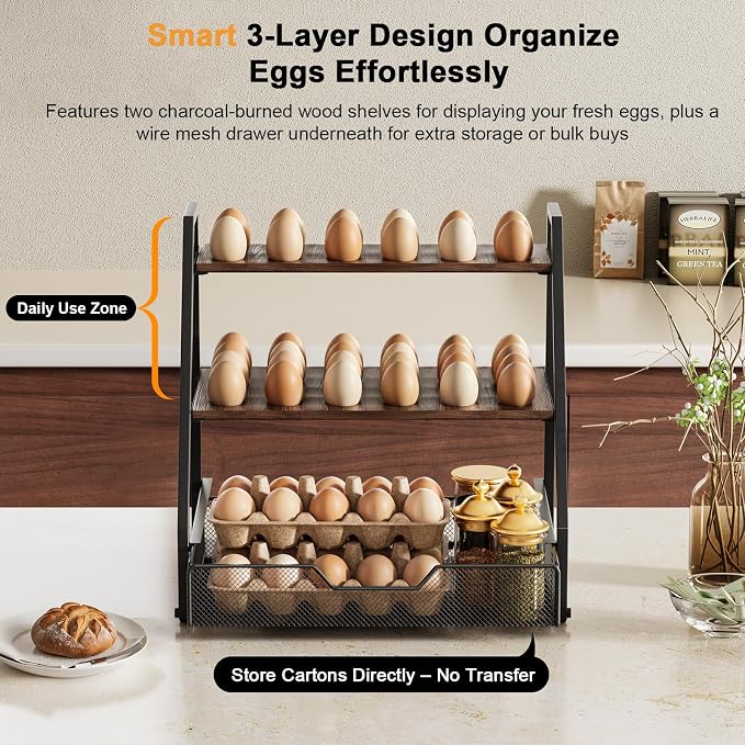 3-Tier Wooden Egg Holder with Basket, Holds 130+ Eggs | Sturdy wooden egg holder, holds 36+90 eggs, carry handle for easy gathering & transport. - Image 5