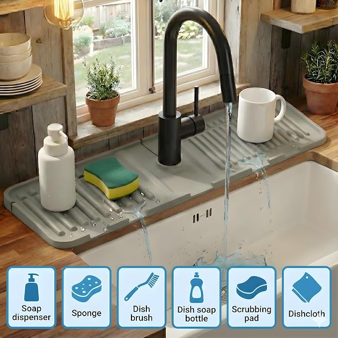 Silicone Faucet Mat for Kitchen Sink Splash Guard, 2-Piece Set – Each (15 × 4.5 in) – 5° Slope Fast Draining Water Guard – Universal Fit for 3.5–6 cm Faucets – Counter Protection, Grey - Image 3