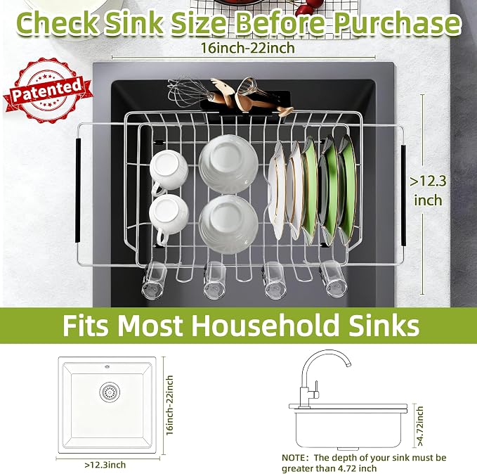 in Sink Expandable Dish Drying Rack with Silicone Mat-Extra Large Stainless Steel Dish Drainer Over The Sink with Utensil Holder, Applicable for Sink Width 16'-22' (Silver,23.2'*12.2') - Image 3