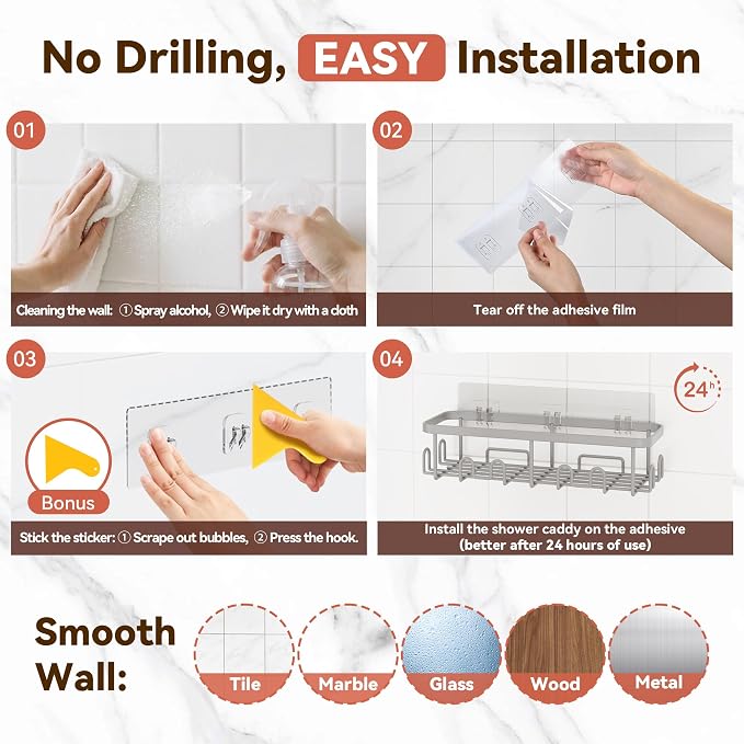 Shower Caddy Adhesive, Rustproof Shower Organizer, Wall Shower Rack | Large Capacity Shower Shelves for Inside Shower, Shampoo Shower Holder, Grey, 2 Caddies, 2 Soap Dishes, 1 Toothbrush Holder - Image 8