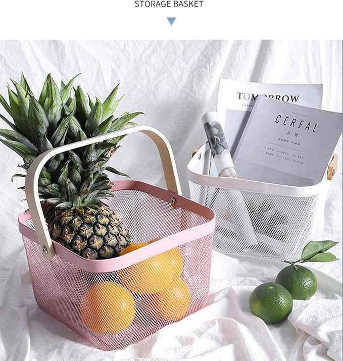 AJIODA Metal Mesh Steel Basket, Storage Organizer Basket Multi-functional Hanging Kitchen Baskets Fruit Basket Bin with Bamboo Handle for Kitchen Bathroom Picnic Shopping Decor Cabinet Home, Pink - Image 8