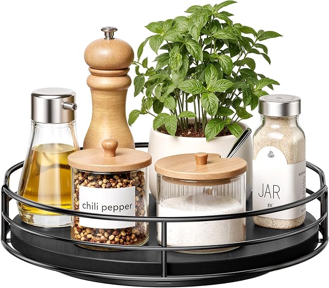 Optish 9" Elegant Lazy Susan, Non-Skid Turntable Spice Organizer, Wooden | 360° Smooth Rotation, Clear Design, Tall Raised Edge, Easy Access, Load 15 lbs, for Spices, Cabinet, Pantry, Fridge, kitchen by Optish
