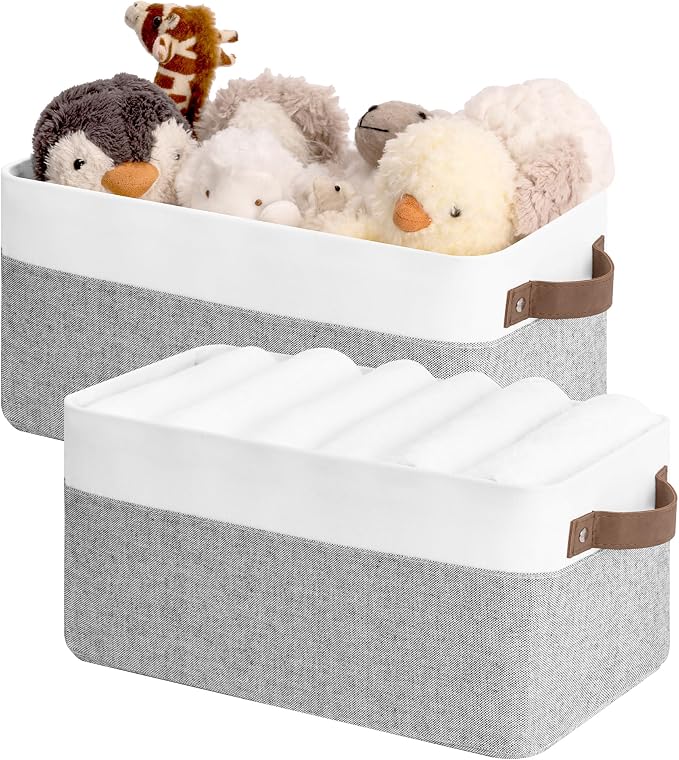 StorageWorks Narrow Storage Bins, Gray and White, 2-Pack | With Metal Frame, Sturdy Structure, PU Handles, Toilet Paper Storage, Small Storage Bins, For Bathroom, Closet, Shelf by StorageWorks