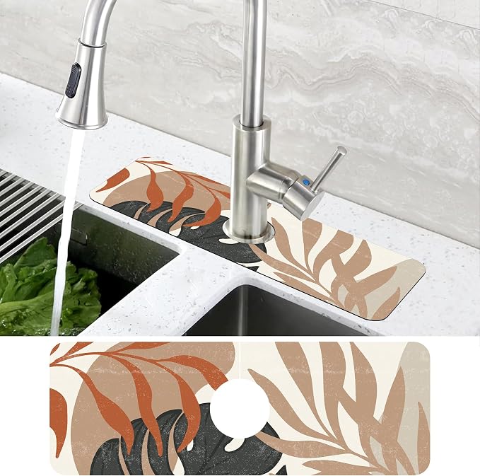 Mid Century Boho Leaves Kitchen Sink Splash Guard Absorbent Fast Drying Mat Faucet Draining Guard Behind Faucet Drip Catcher for Kitchen Bathroom 5.5"15" - Image 4