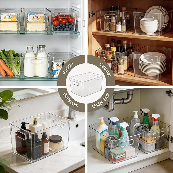 Hudgan Set of 8 Clear Plastic Storage Bins, 8 Large Storage Containers for Pantry Organizers, Home Edit, Kitchen Cabinet, Refrigerator, Under Sink Organization, Bathroom, Office - Image 6