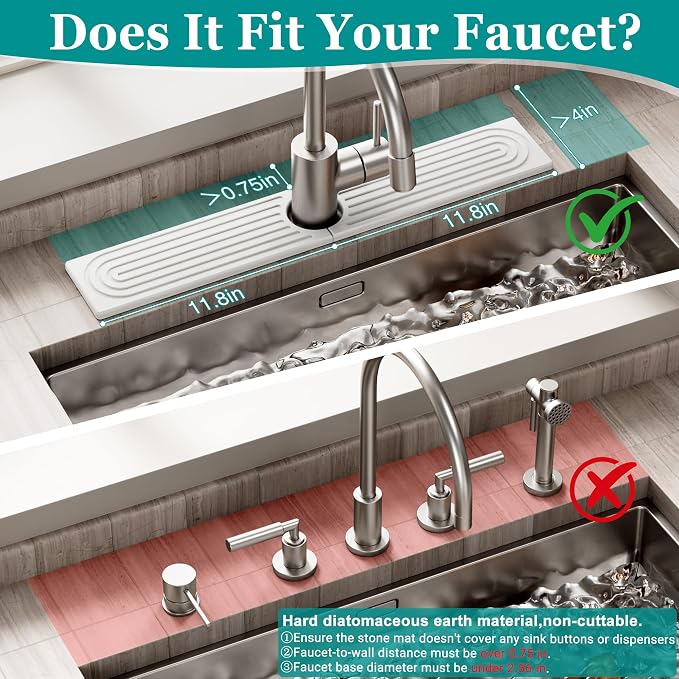 Stone Faucet Mat for Kitchen Sink - Quick Dry Diatomite Sink Splash Guard, Prevents Moisture Buildup & Water Stains, Water Absorbing Stone Tray for Bathroom Countertop (White, 23.6" x 4") - Image 2