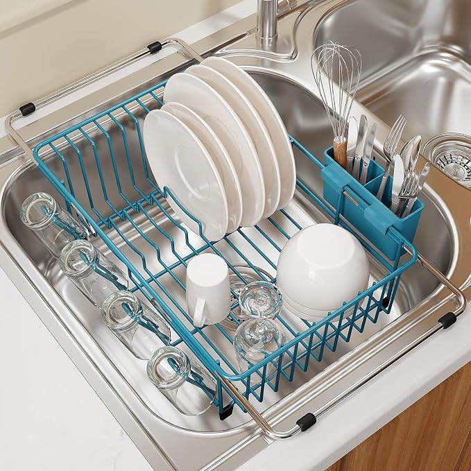 Blue Dish Drying Rack Over The Sink with Utensil Holder | Expandable Stainless Steel Dish Drainer for Small Kitchen, Apartment, RV, Counter Space Saving, Perfect Fit, Rustproof by MAJALiS