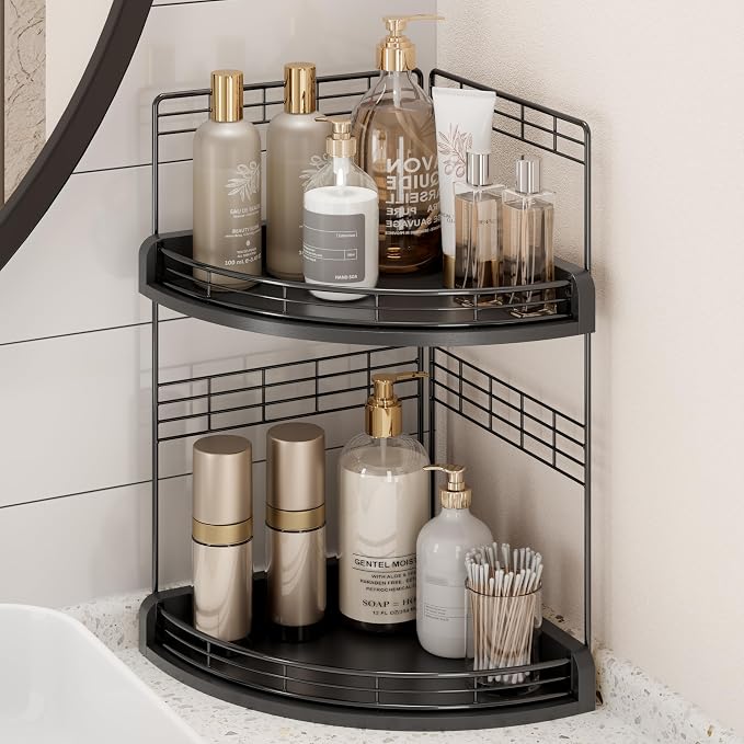 Bathroom Countertop Corner Organizer for Small Spaces, 2-Tier Counter Shelf | Oak Wood & Iron, Fan-Shaped Counter Shelf for Sink & Vanity Corners, Skincare, Toiletries, Compact Vertical Storage, Black by JNFUZ