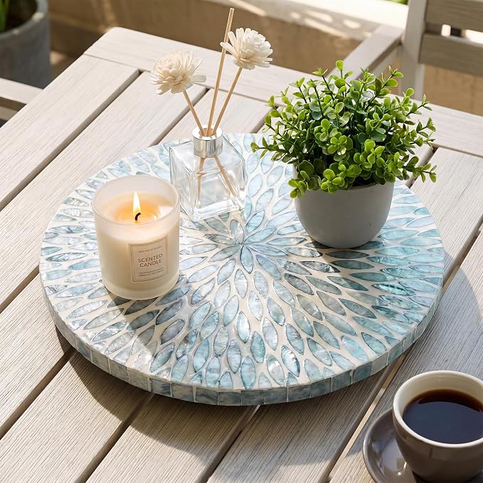 Reallnaive Mother of Pearl Lazy Susan for Table Turntable Organizer Marble Patterned Lazy Susan Wood Spinning Tray Rotating for Kitchen Cabinet Spice Pantry 12 Inch(Round,Blue Floral Petal) - Image 6