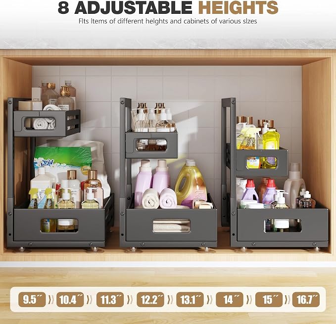 2 Pack Under Sink Organizer,Pull Out Cabinet Organizer with Smooth Cylindrical Rail,Metal Slide Out Drawer for Kitchen Bathroom Laundry Cabinet,8-Level Tool Free Height Adjustable-Black - Image 9