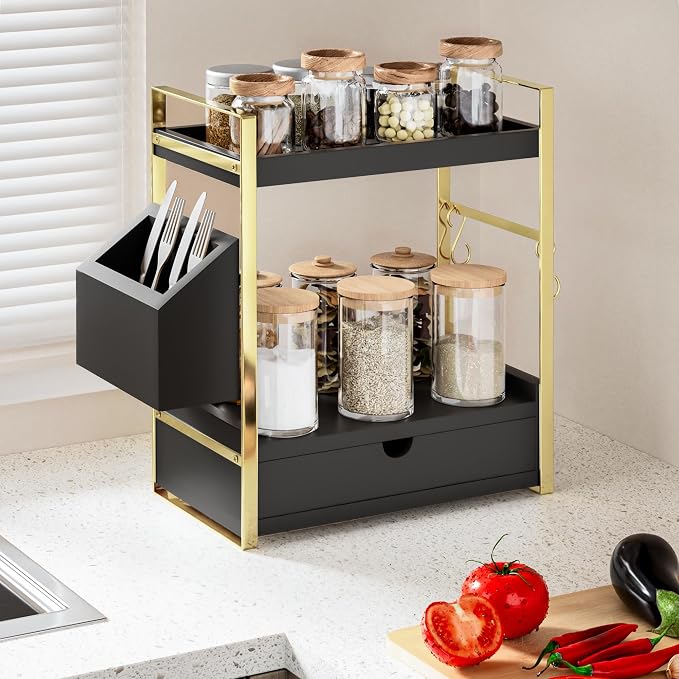 2-Tier Bathroom Counter Organizer, Wooden Vanity Shelf with Drawer & Basket | Pre-Drilled Holes, Skincare & Makeup Countertop Organizer and storage, Black-gold - Image 7