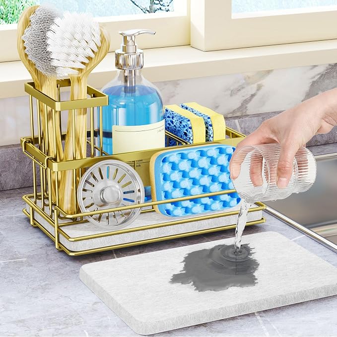 HapiRm Sink Caddy Sponge Holder - Kitchen Sink Organizer with Instant Drying Stone and Brush Holder, Stainless Steel Sponge Caddy for Kitchen Countertop - Gold by HapiRm
