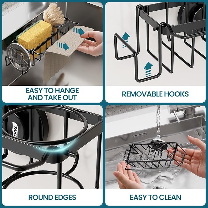 TAILI 4-in-1 Sponge Holder for Kitchen Sink with Strong Suction Cup-Black | Removable Rustproof 304 Stainless Steel Multi-compartment Sponge Holder with Suction Cup, Keeps Brushes & Scrubbers Tidy - Image 5