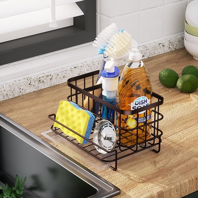 HapiRm Multifunctional Kitchen Sink Caddy with Removable Drain Tray, Quick Draining Rustproof Sink Organizer, Stainless Steel Kitchen Sponge Holder for Sponge, Cleaning Towel and Scrubber-Bronze - Image 2