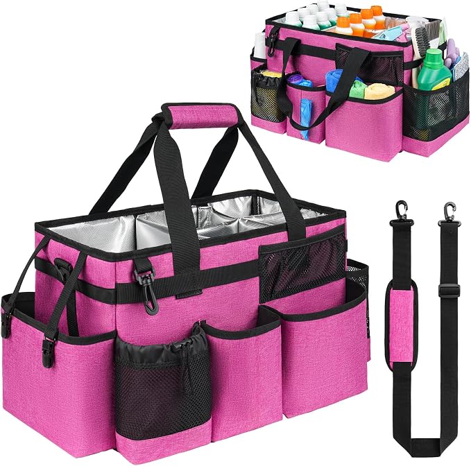 Cleaning Caddy Bag, Large Cleaning Bag for Housekeepers, Rose Pink | Cleaning Caddy Organizer for Cleaning Supplies with Handle and Adjustable Shouder Strap, Easy to Clean & Heavy Duty Design by Jaffzora
