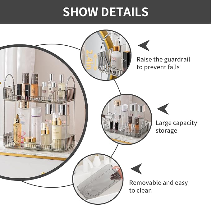 Akinbas 2 Tier Bathroom Organizer Countertop Makeup Perfume Tray Skincare Organizer for Bathroom Dresser Vanity (Grey) - Image 6