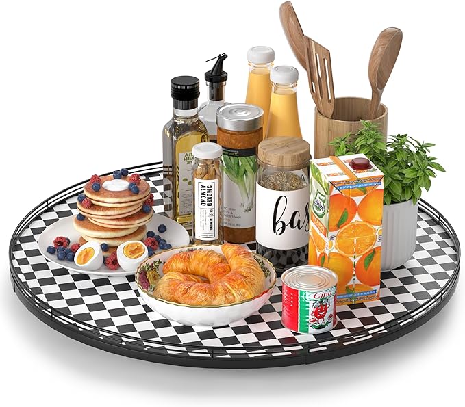 AMH 24-Inch Black and White Checkerboard Lazy Susan Decorative Tray | Smooth rotating oak tray with walnut finish for dining tables, kitchen counters, pantries and cabinet storage. by AMH