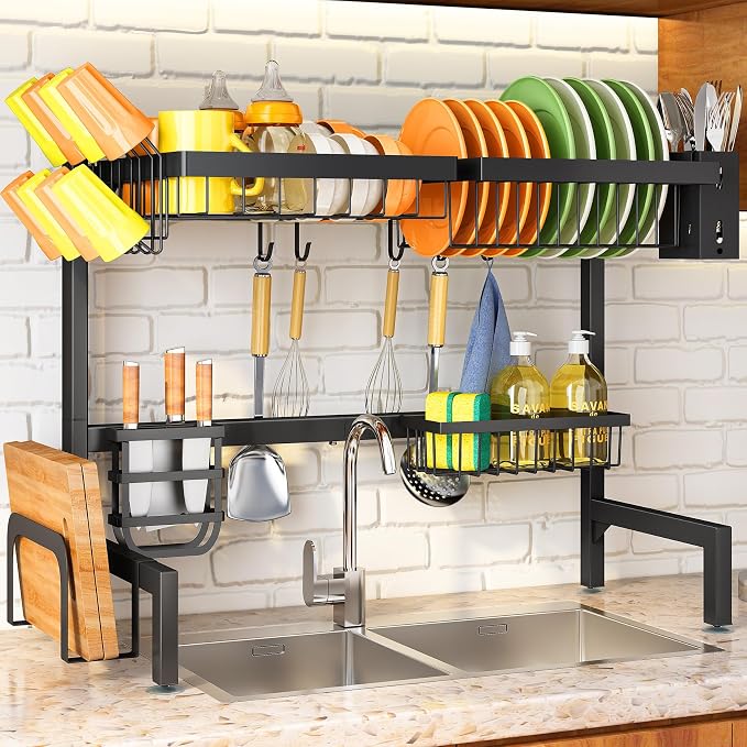 SNTD Over The Sink Large Dish Drying Rack, Metal, 26.8"-34.6", Black | Adjustable Length, Rust-Resistant, Utensil Holder, Cup Holder, Cutting Board Holder, Knife Holder, Sponge Holder and Hooks by SNTD