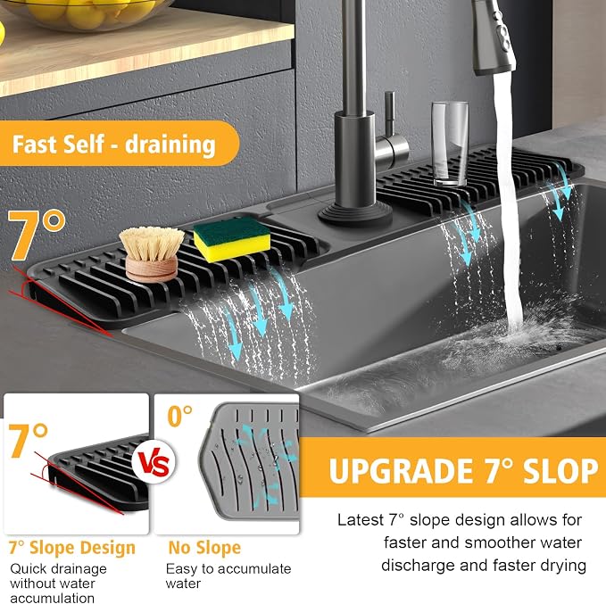 24-Inch Kitchen Sink Splash Guard Mat | 7° Slope for Fast Self-Draining | Snap-Lock Design | Universal & Cuttable Silicone Faucet Mat (Black) - Image 4