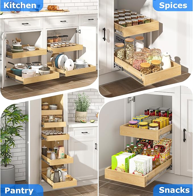 WelFurGeer 2-Tier Pull Out Cabinet Organizer with Soft Close Slides, Heavy-Duty Pull Out Drawers for Cabinets, Slide Out Shelf for Kitchen, Bathroom, Pantry & Under Sink, Solid Birch Wood - Image 7