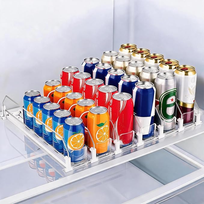 HIYOHIYO 6 Row Automatic Soda Can Organizer for Refrigerator, Depth 15" | Auto Push, Adjustable Width, Automatic Pushing Drink Dispenser for Fridge, Spring Loaded Can Pusher Holds up to 30 Cans by HIYOHIYO