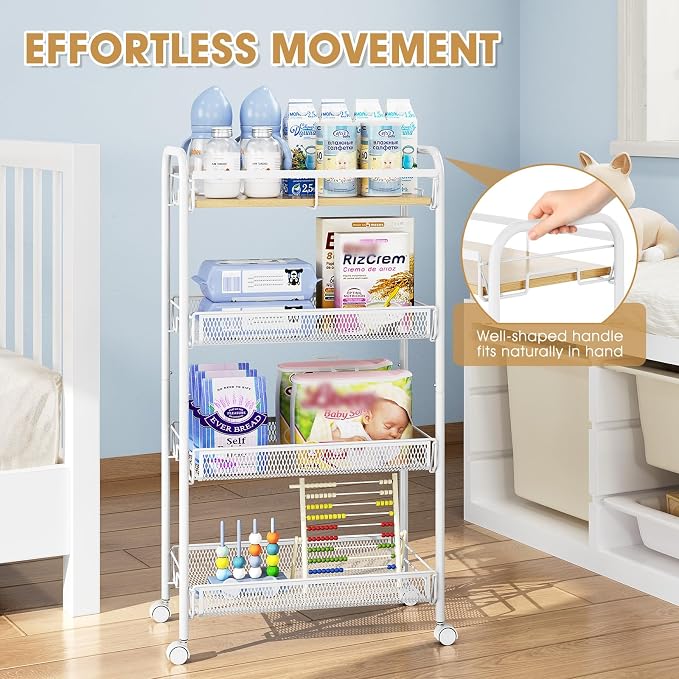 TOOLF 4-Tier Rolling Cart, Metal Utility Cart, Slide Out Storage Cart with Wooden Tabletop and Mesh Baskets, Easy Assemble Trolley for Kitchen Bathroom Laundry Room Bedroom Apartments Dormitory - Image 3