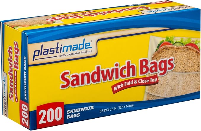 Fold Top Sandwich Bags, 200 Count Clear Plastic Lunch Baggies | Flip flap closure for school snacks, produce & portion control; no zipper design, easy open for kids, work & meal prep by PlastiMade