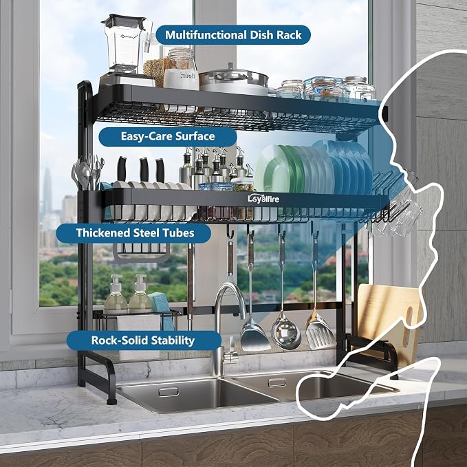 Loyalfire Over Sink Dish Drying Rack, 3 Tier Adjustable Length (20.87'' to 37.6'') Full Stainless Steel Large Storage Kitchen Dish Rack, Expandable Drainer Shelf Rack with Multifunctional Organizers - Image 3