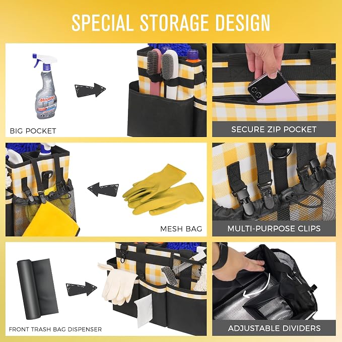 SCAVATA Wearable Cleaning Caddy, Cleaning Caddy Supplies Organizer with Handle & Shoulder Straps for Housekeepers, Under Sink & Car Cleaning Tool Organizers Bag with 4 Foldable Divider (YellowPlaid) - Image 2
