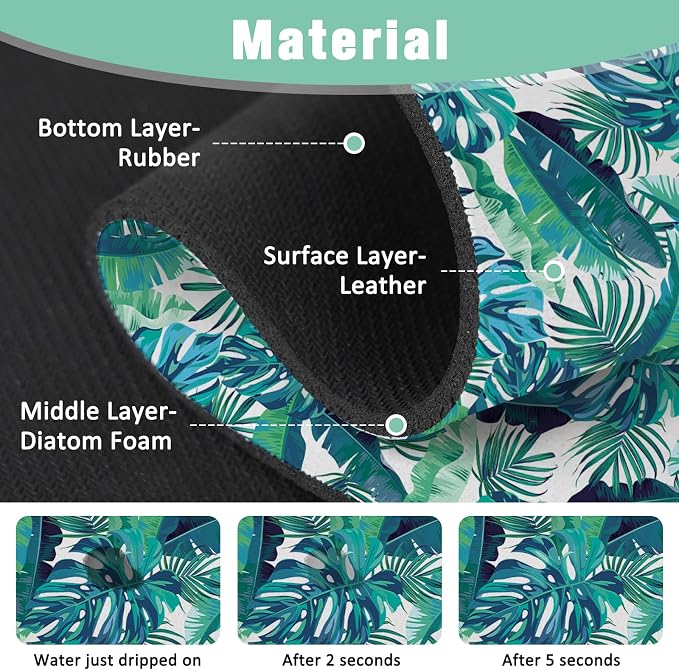 Kitchen Sink Splash Guard Faucet Mat 15" X 5.5" Tropical Leavesl Absorbent Fast Drying Mat Faucet Draining Mat Sink Splash Guard Behind Faucet Drip Catcher for Kitchen Bathroom - Image 3