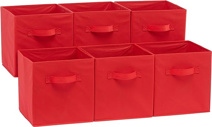 Amazon Basics Collapsible Fabric Storage Bins with Handles, Cube Organizer, Home Organization, 10.5"x10.5"x11", Red, 6-Pack by AmazonBasics
