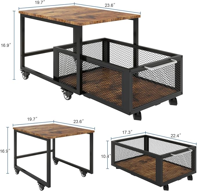 PUNCIA 19.7" x 23.6" Mini Fridge Stand with Large Capicity Storage, Retro | Sturdy Refrigerator Table with Lockable Wheels, Rolling Fridge Cart Heavy Duty Appliance Platform for Dorm, Apartment Bedroom - Image 2