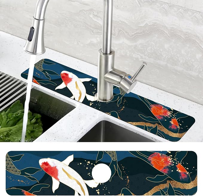 Oriental Japanese Koi Fish Sink Faucet Absorbing Mat Sink Splash Guard Faucet Mat Draining Mat Fast Drying Sink Protectors for Kitchen and Bathroom 5.5"×24" - Image 4