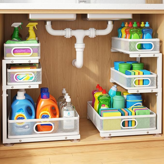 Under Sink Organizer, 3 Tier Pull Out Cabinet Organizer with 5 Adjustable Heights, Metal Under Sink Storage with Sliding Drawers for Kitchen, Bathroom, Pantry and Laundry Room, 2-Pack White by GUUKAR