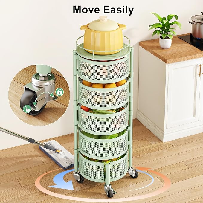 SAYZH 5 Tier Fruit Vegetable Basket Stand for Kitchen, Rotating, Green | Rolling Storage Cart with top lid, Large Metal Wire Rack for Potato and Onion Storage - Image 8