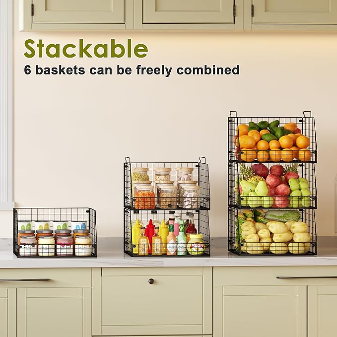 Jakyitvi 6 Pack Stackable Wire Baskets for Pantry,6 Pank Metal Pantry Organizer Storage Bins for Kitchen Snack, Fruit, Potato, Onion & Vegetable Storage, Wire Baskets for Pantry Organization - Image 2