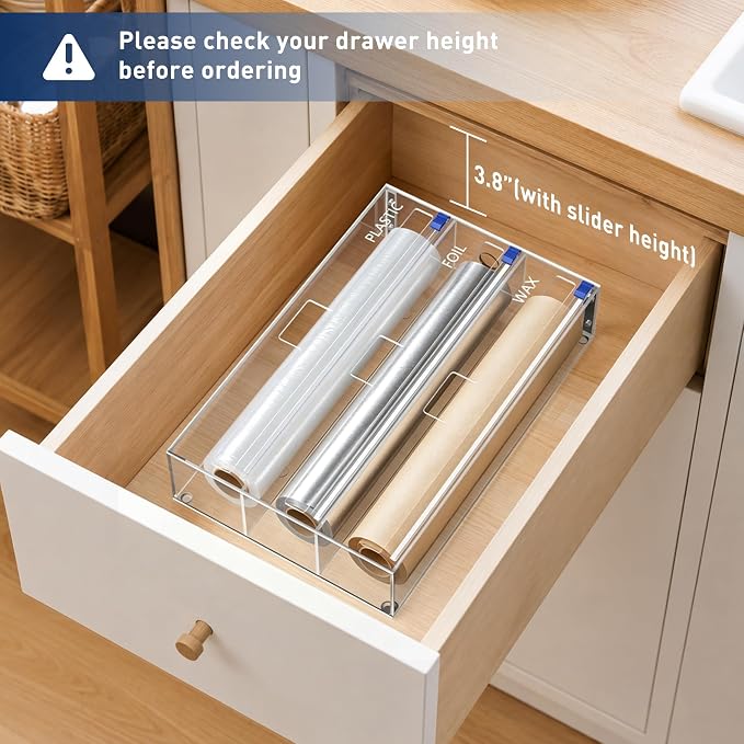 3 In 1 Acrylic Aluminum Foil, Plastic Wrap Organizer with Cutter | Clear Kitchen Storage for Wax Paper Dispenser Holder, For Drawer or Wall Mount, Fits 12 Inch Roll - Image 3