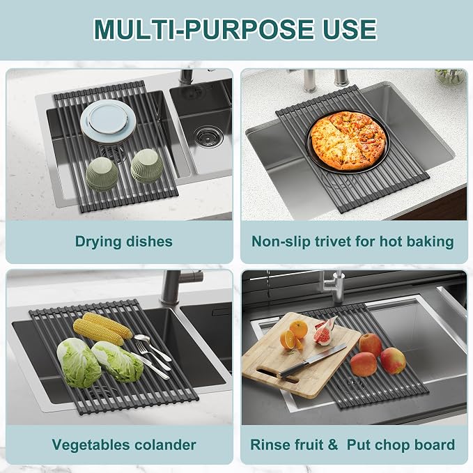 Roll Up Dish Drying Rack, Silicone Wrapped Over The Sink Multipurpose Foldable Dish Drainer Anti-Slip Coated Stainless Steel Dish Racks for Kitchen Counter, Sink Drying Rack (Black, 17.3" x 12.4") - Image 3