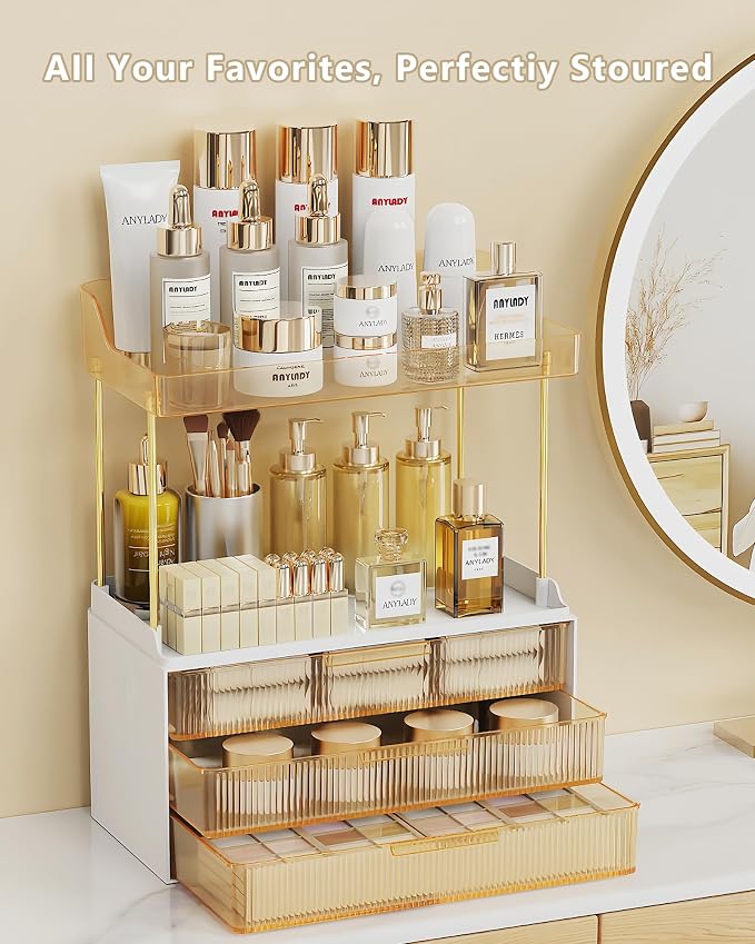 Anylady Bathroom Organizers and Storage, Makeup Organizer (Sturdy Durable Attractive), Ideal for Vanity, Countertop, Counter, Perfume, Skincare, Cabinet, Cosmetic, Dresser Organizer (Gold) - Image 2