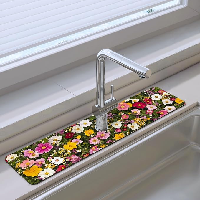 Bimkole 1 PCS Faucet Absorbent Mat, Kitchen Faucet Sink Splash Guard Wraparound Cloth Pads Drip Catcher for Sink Faucet for Kitchen Bathroom Faucet, Colorful Faucet Mat, 15 x 4 Inch Flower A8 by Bimkole