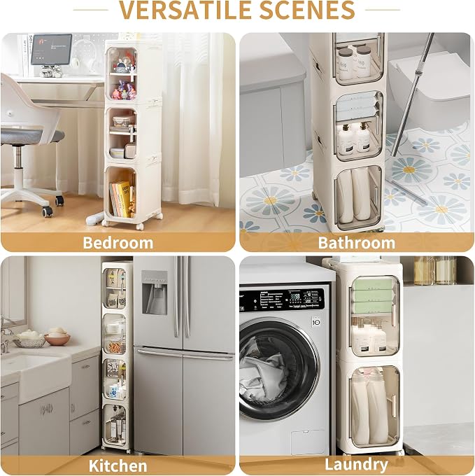 2-Tier Slim Narrow Bathroom Storage Cabinet, Cream White | Tool Free Assembly, Adjustable Shelves, Fits for Narrow Spaces, Reinforced Stability, Magnetic Clear Door - Image 5