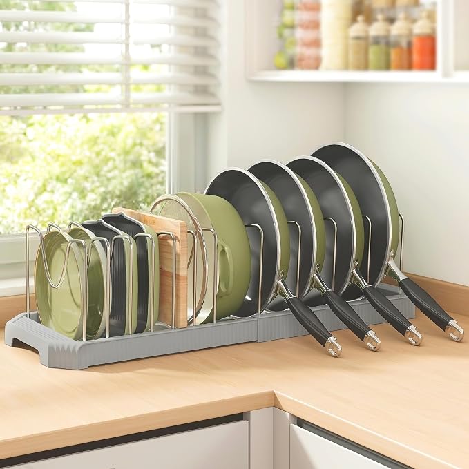 Expandable Pan Organizers Inside Cabinet with 12 Dividers Grey | Extends 12.9-21.9", Holds cookie sheets, cutting boards, pot lids and pans, iron dividers, plastic base, under cabinet rack - Image 8