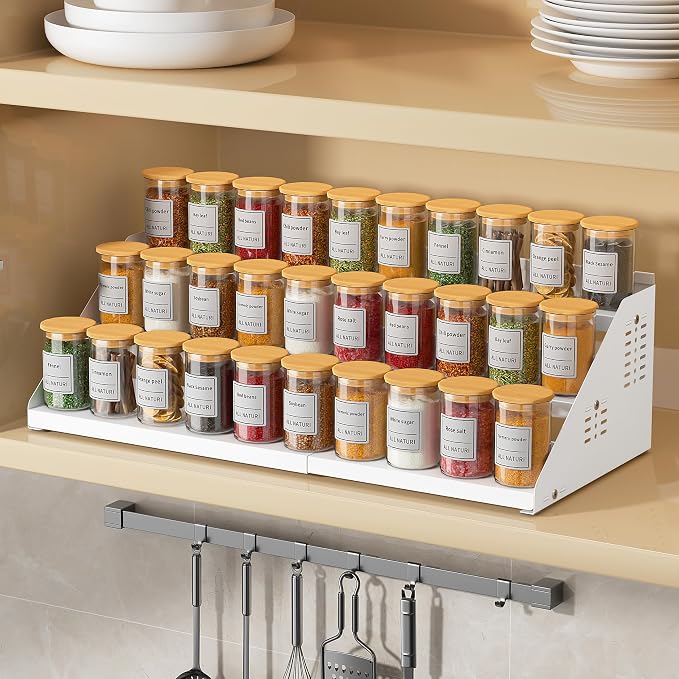 BOIVSHI 3 Tier Expandable Spice Organizer for Cabinet, White | Metal Shelves with Adjustable Height Spice Storage for Kitchen Countertop, Olive Oil and Soy Sauce for Pantry Organization - Image 2