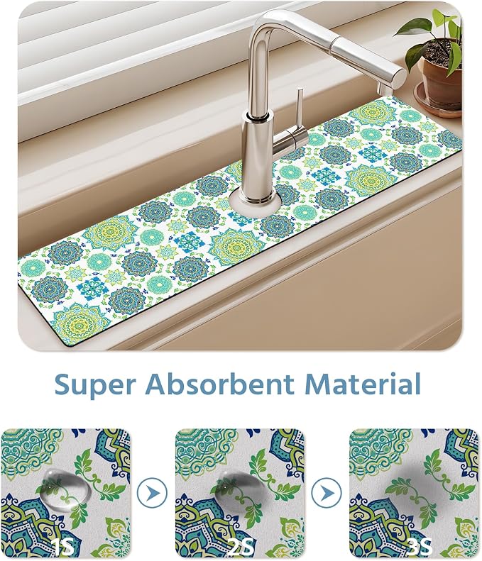 Patterned Sink Faucet Mat Kitchen Splash Guard Super Absorbent Drying Mat, Non-Slip Drain Pad for Kitchen Counter or Bathroom-15x5.5in - Image 5