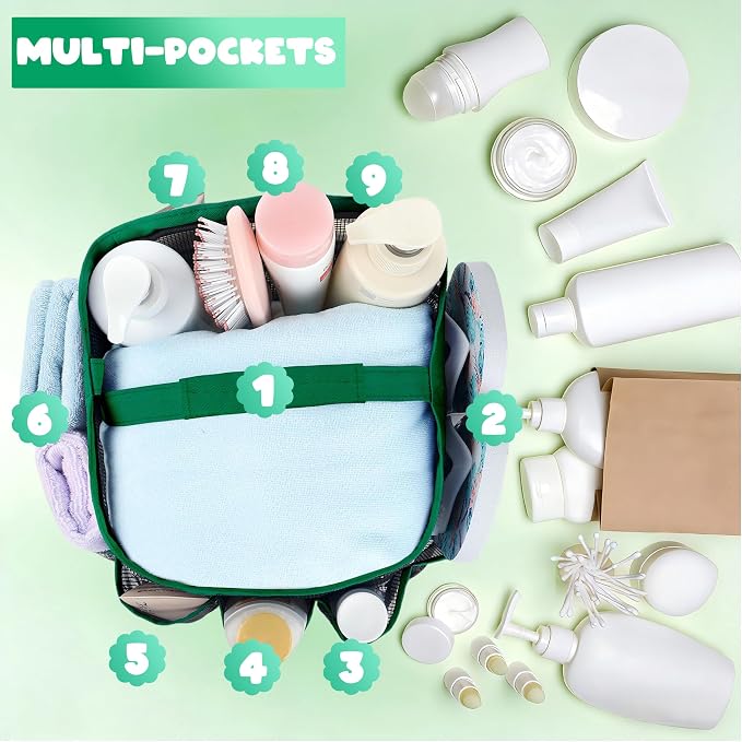 Mesh Shower Caddy Portable - 9 Pockets for College Dorm Room Essential | Large Capacity Mesh Shower Caddy with 9 Pockets, Portable Hanging Toiletry Bag for College Dorm, Gym, Camping and Beach - Image 4