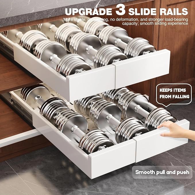 Seinloes Pull Out Cabinet Organizer,4-Side Expandable to Maximize Cabinet Space,Slide Out Drawers with 3 Rail Design,Roll Out Shelf with Raising Pad for Framed Cabinet,11"-16"W x 17"-24"D,White,2 Pack - Image 3