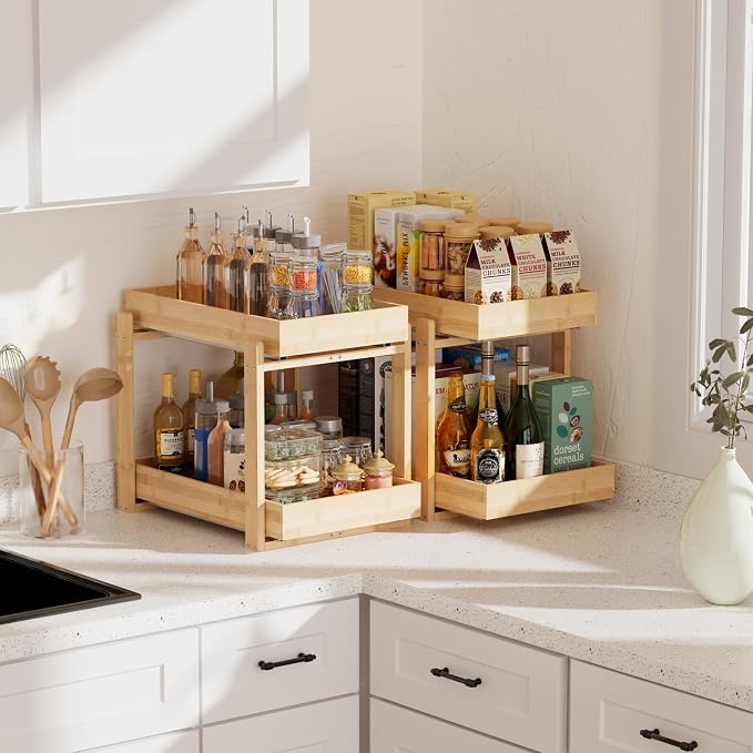APRTAT 2 Pack Bamboo Under Sink Organizer, 2-Tier Pull Out Storage Drawers | Smooth pull-out drawers keep cleaners and tall bottles visible, organized and easy to reach in kitchen or bathroom cabinets - Image 2