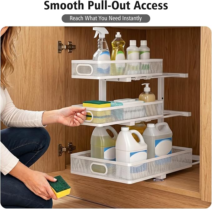 Under Sink Organizer, 3 Tier Pull Out Cabinet Organizer with 5 Adjustable Heights, Metal Under Sink Storage with Sliding Drawers for Kitchen, Bathroom, Pantry and Laundry Room, 2-Pack White - Image 8